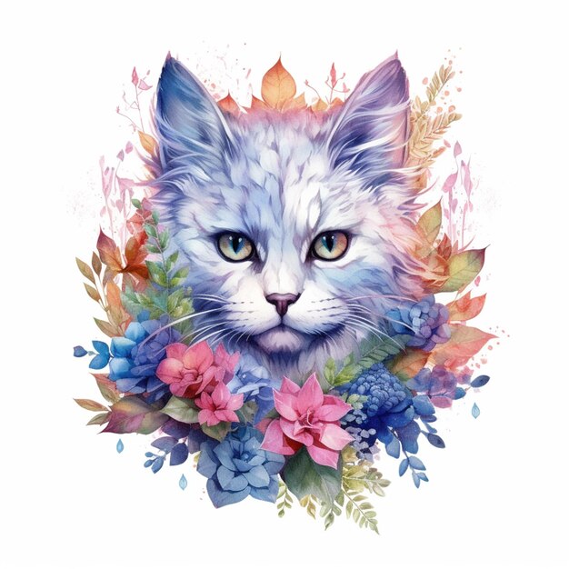 hay un gato con flores y hojas en su cabeza generativo ai
