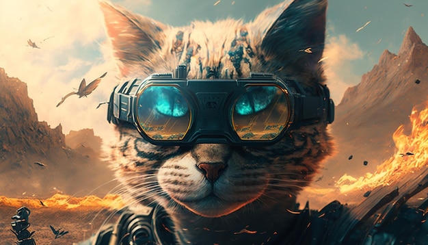 hay un gato con gafas y casco en un aire generativo del desierto