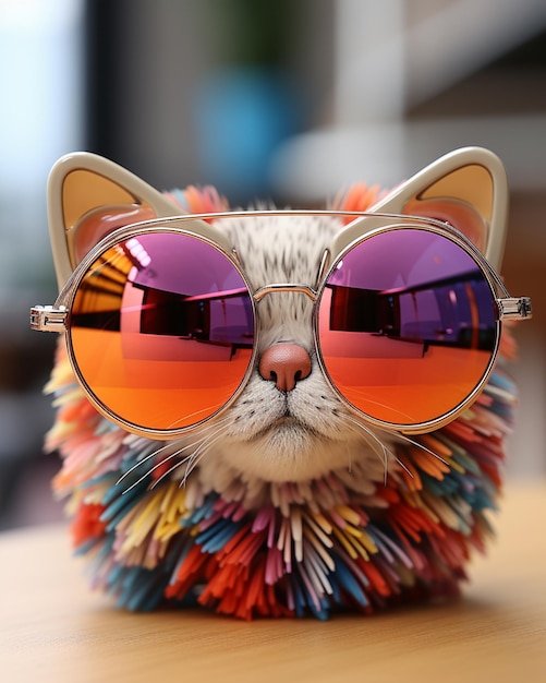 Foto hay un gato con gafas de sol y una colorida melena ai generativa