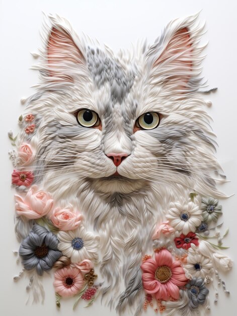 hay un gato hecho de papel con flores en él generativo ai