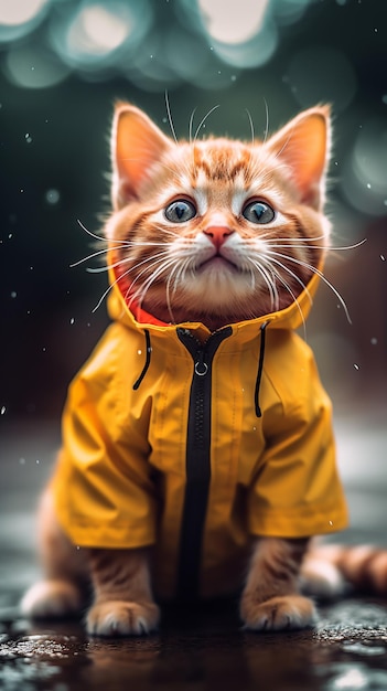 hay un gato con un impermeable amarillo sentado en el suelo ai generativo