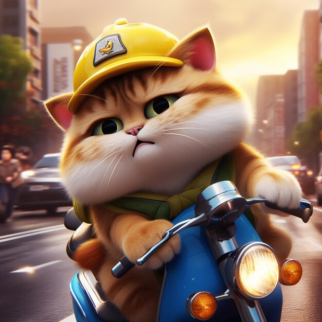 hay un gato montando una motocicleta en la calle con un casco en generativo ai