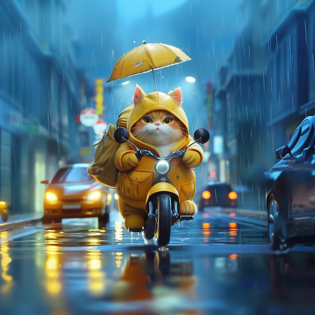 hay un gato montando una motocicleta en la lluvia con un paraguas generativo ai