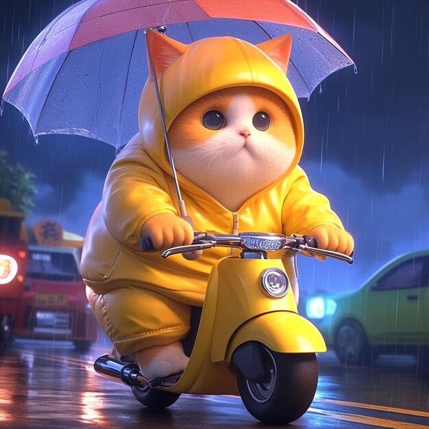 hay un gato montando un scooter en la lluvia generativo ai