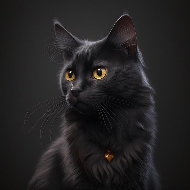 Hay un gato negro con ojos amarillos sentado en un fondo negro generativo ai