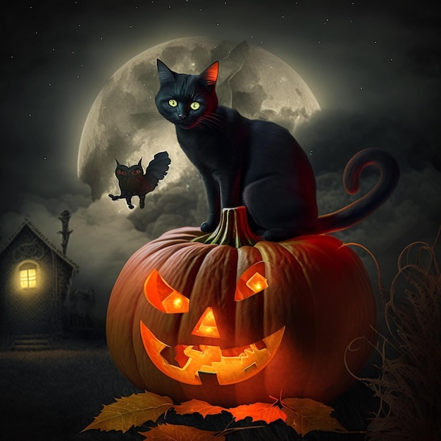 Foto hay un gato negro sentado en una calabaza con un murciélago volando en el fondo ai generative