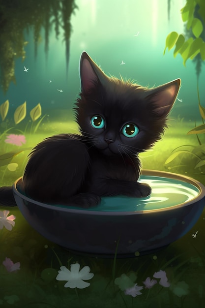 hay un gato negro sentado en un recipiente con agua ai generativa