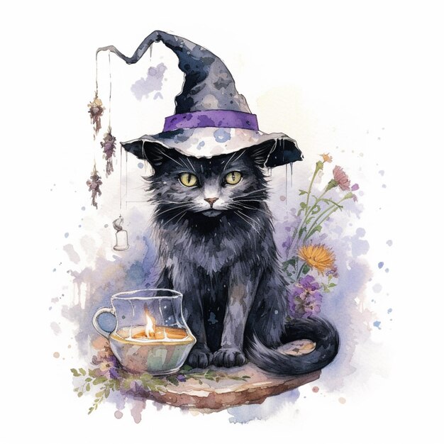 Foto hay un gato negro con un sombrero de bruja y una taza de té generativa ai