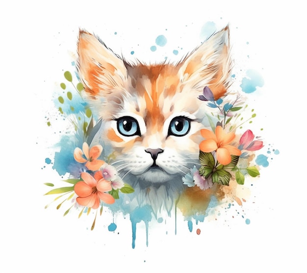 hay un gato con ojos azules y flores en la cabeza ai generativo