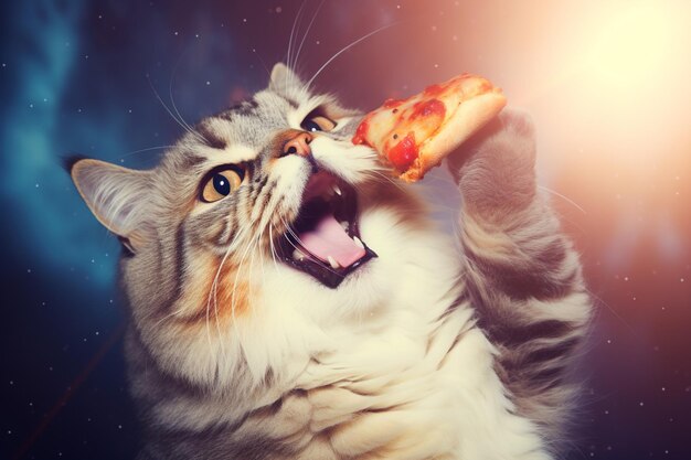 Foto hay un gato que está comiendo un pedazo de pizza generativ ai