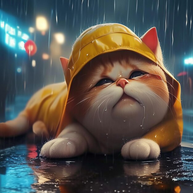 hay un gato que está acostado en la lluvia generativo ai