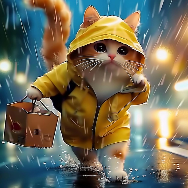 hay un gato que está caminando en la lluvia con una bolsa generativa ai