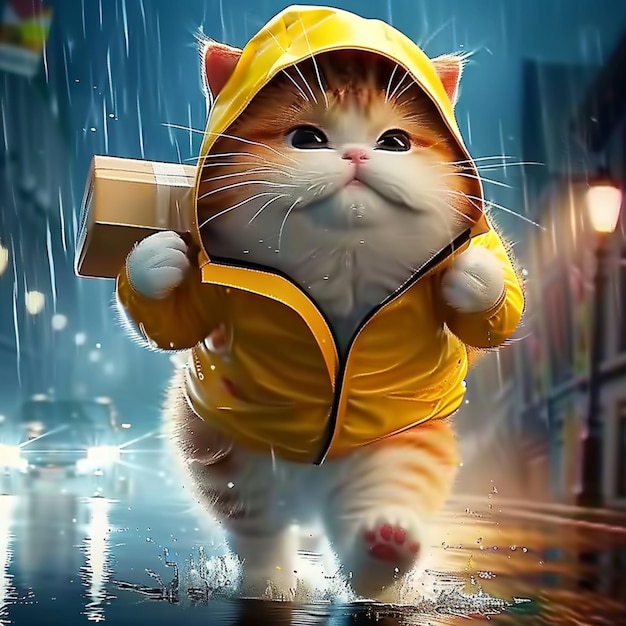 hay un gato que está caminando en la lluvia con una caja generativa ai