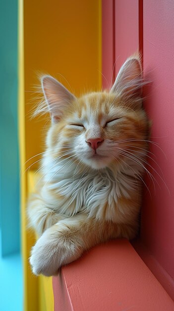 hay un gato que está durmiendo en un banco rojo generativo ai