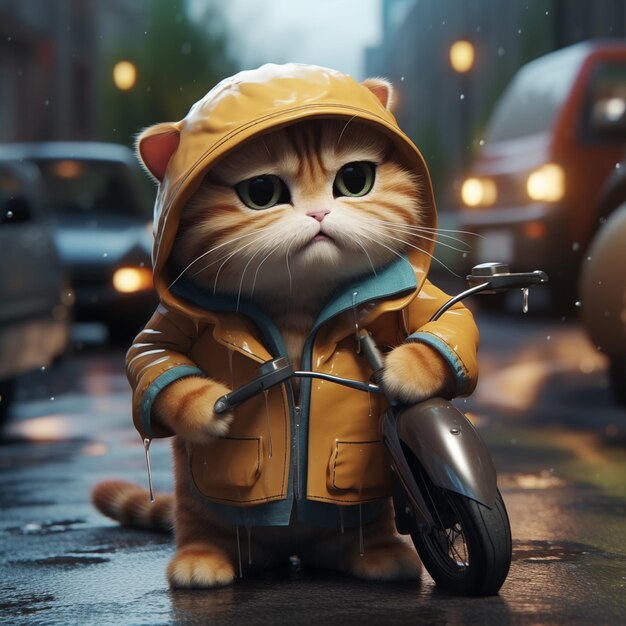 hay un gato que está de pie al lado de una motocicleta generativa ai