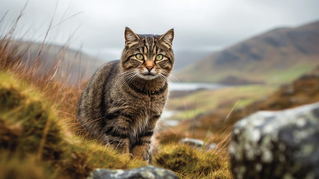 Hay un gato que está de pie en una colina mirando a la cámara generativa ai