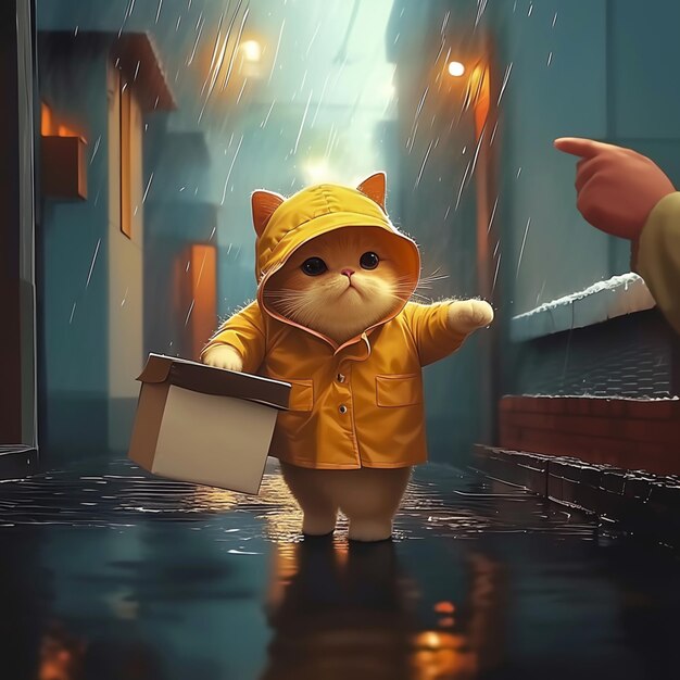 hay un gato que está de pie en la lluvia con una caja generativa ai