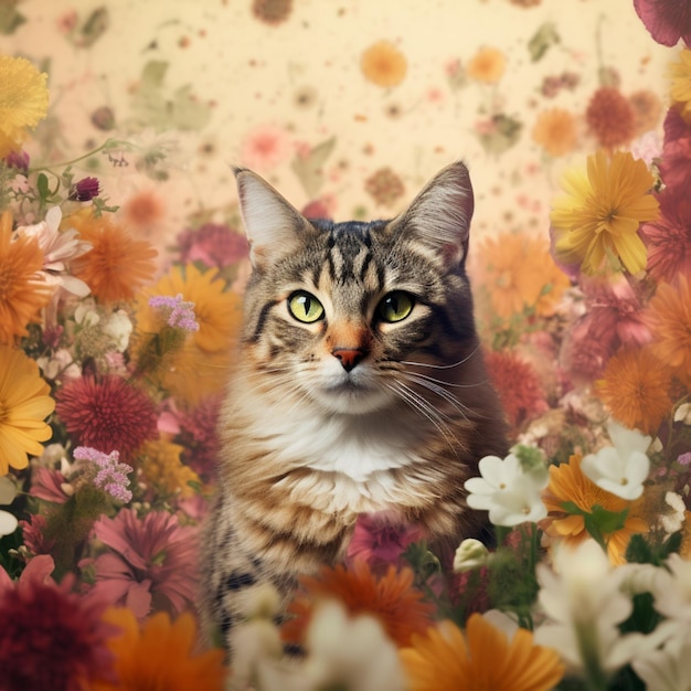 hay un gato que está sentado en un campo de flores generativo ai