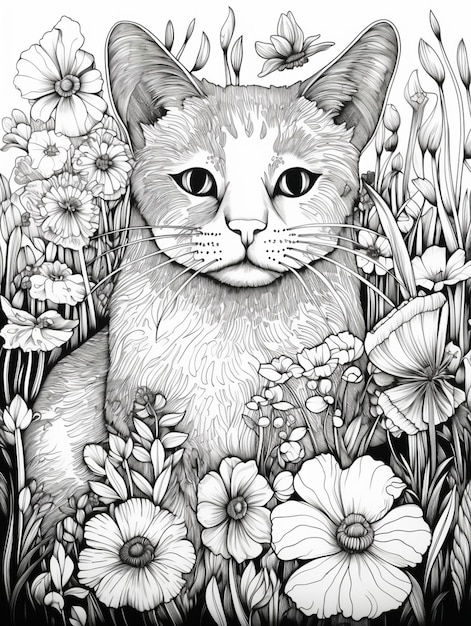 Hay un gato que está sentado en la hierba con flores generativas ai