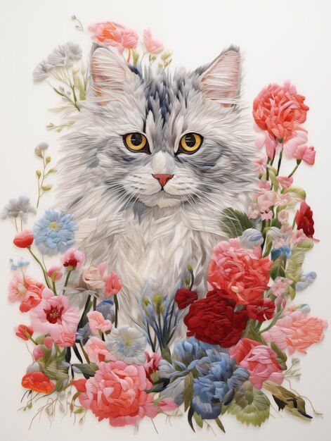 hay un gato que está sentado en un marco de flores generativo ai