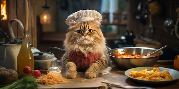 Hay un gato que está sentado en una mesa con comida generativa ai