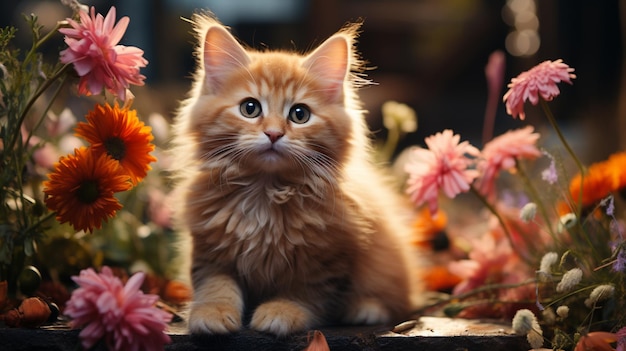 Hay un gato que está sentado en el suelo con flores