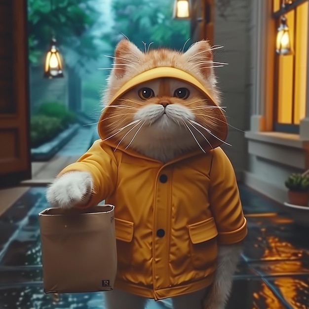 hay un gato que lleva un impermeable amarillo y sostiene una taza generativa ai