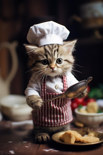 Hay un gato que lleva puesto un gorro de chef y sostiene una cuchara generativa ai