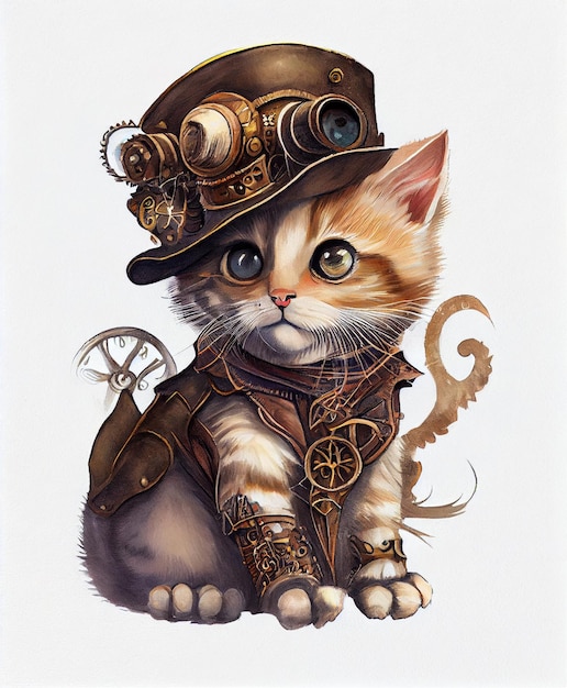 hay un gato que lleva un sombrero de vapor punk y un traje de engranaje de vapor generativo ai