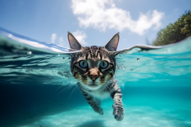 Foto hay un gato que está nadando en el agua ai generativa.