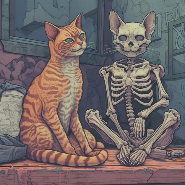 Foto hay un gato sentado al lado de un esqueleto en una mesa generativa ai