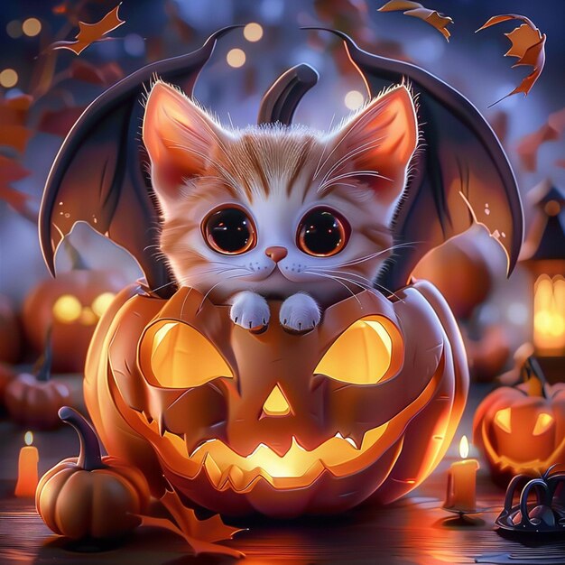 hay un gato sentado dentro de una calabaza con un murciélago en él generativo ai