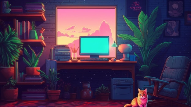hay un gato sentado frente a una computadora en una habitación generativa ai