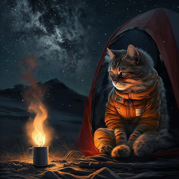 Foto hay un gato sentado junto a una vela encendida en el desierto generativo ai