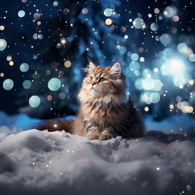 Foto hay un gato sentado en la nieve con un árbol de navidad en el fondo generativo ai