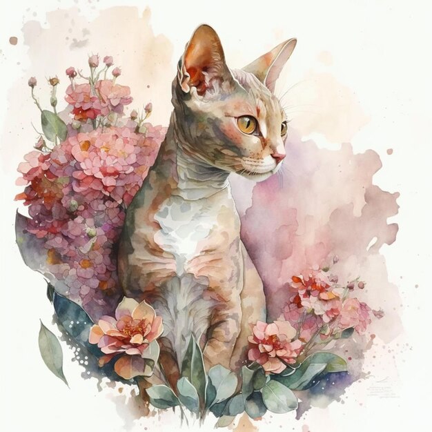hay un gato sentado en una rama florida con flores generativas ai