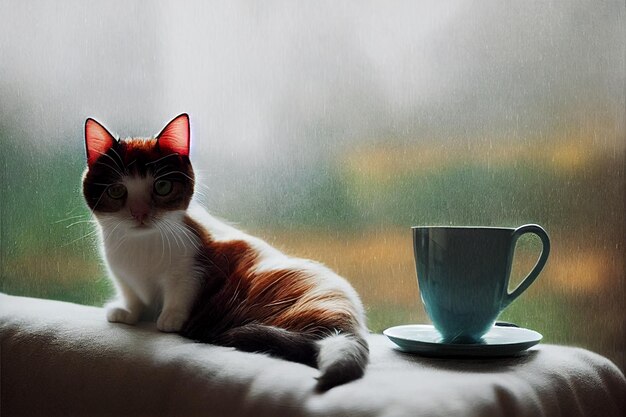 Hay un gato sentado en un sofá al lado de una copa generativa ai