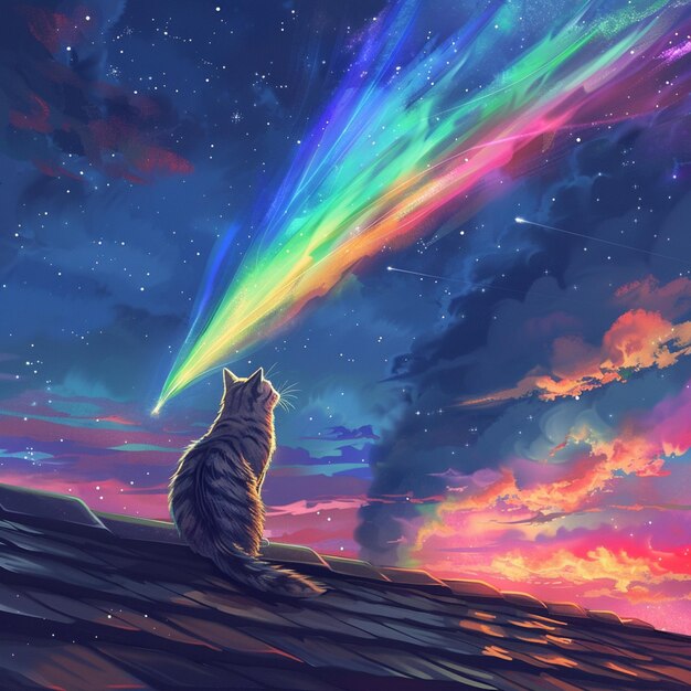 Foto hay un gato sentado en un techo mirando un cielo de colores arco iris generativo ai