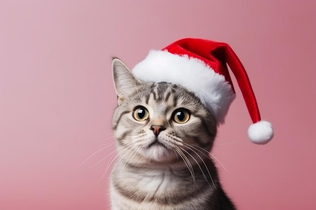 hay un gato con un sombrero de Santa en un fondo rosa generativo ai