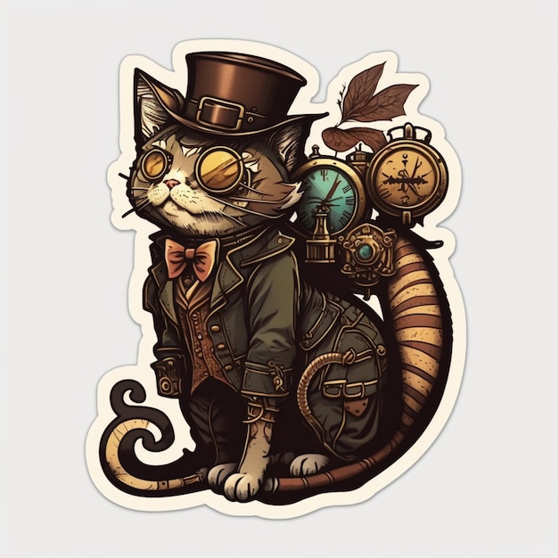 Hay un gato con un sombrero steampunk y un reloj generativo ai