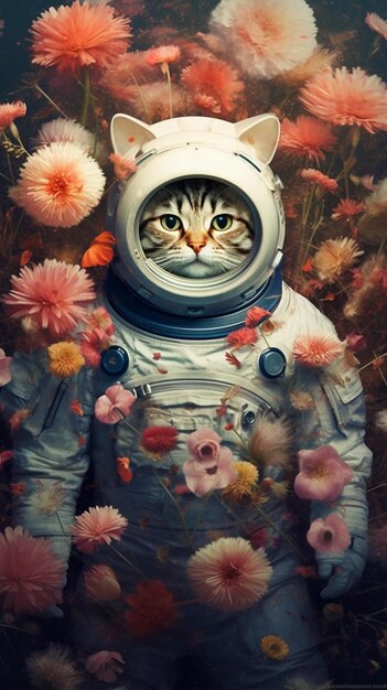 Hay un gato en un traje espacial rodeado de flores generativas ai