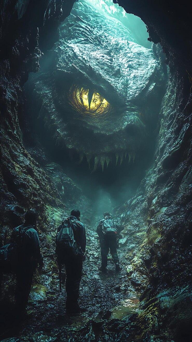 Hay gente caminando por una cueva con una gran cabeza de monstruo.