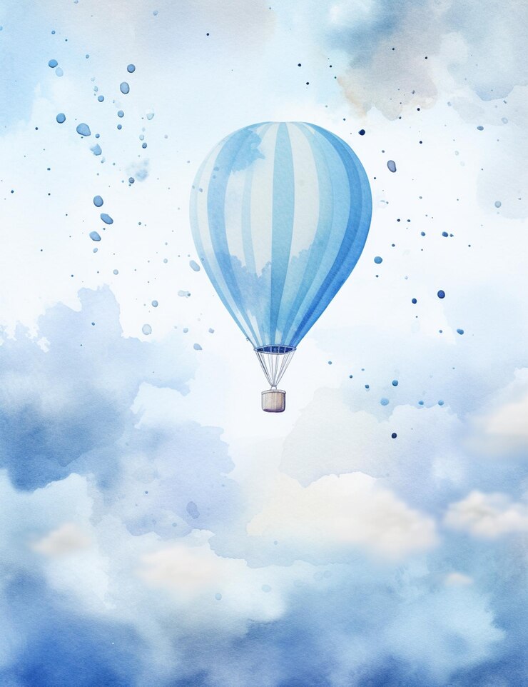 hay un globo de aire caliente azul y blanco volando por el cielo generativo ai