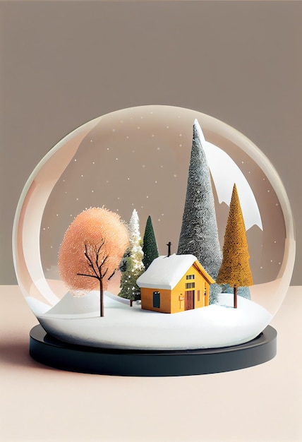hay un globo de nieve con una casa y árboles dentro generativo ai