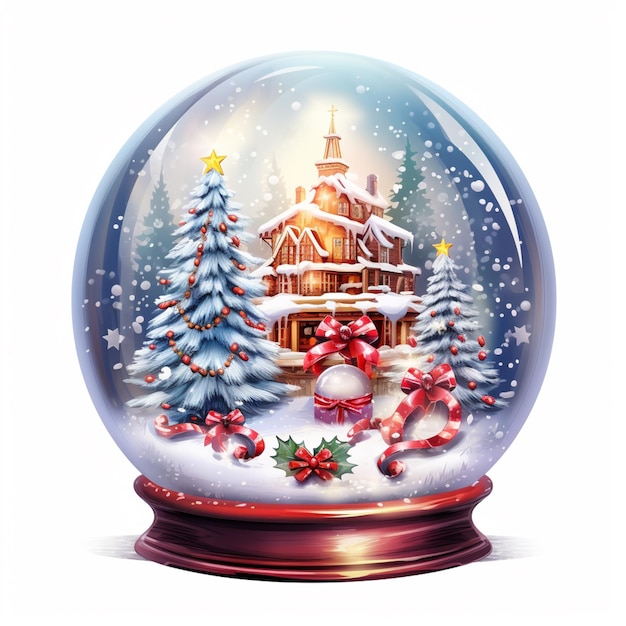 Hay un globo de nieve con una casa y árboles de Navidad dentro generativo ai