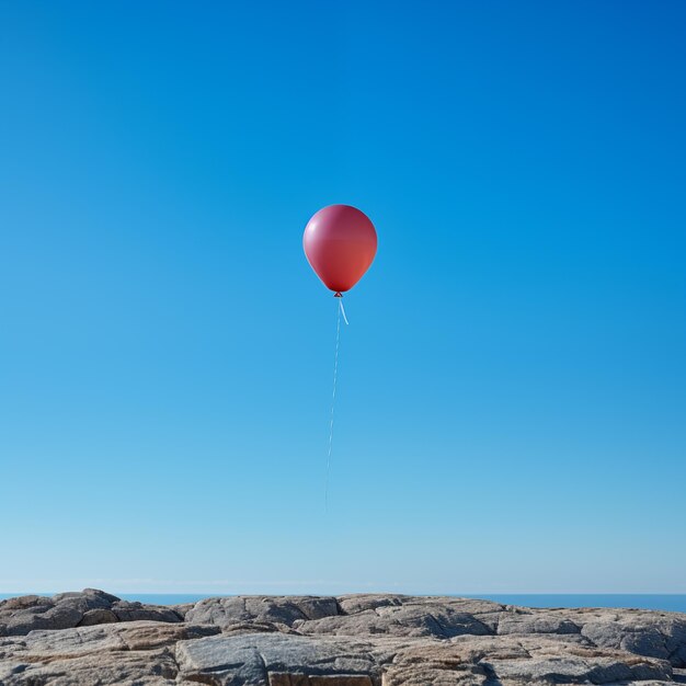 Foto hay un globo rojo volando sobre una playa rocosa generativa ai