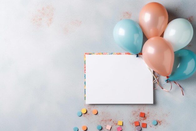 Foto hay globos y confeti en una mesa con una tarjeta en blanco generativa ai