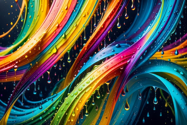 Foto hay gotas de agua en el vívido fondo abstracto del arco iris con líneas de colores fluidas