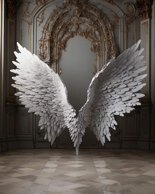 Hay una gran alas de ángel blancas que están en exhibición generativa ai