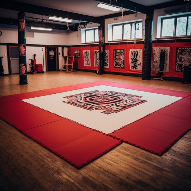 hay una gran alfombra roja y blanca en una habitación generativa ai